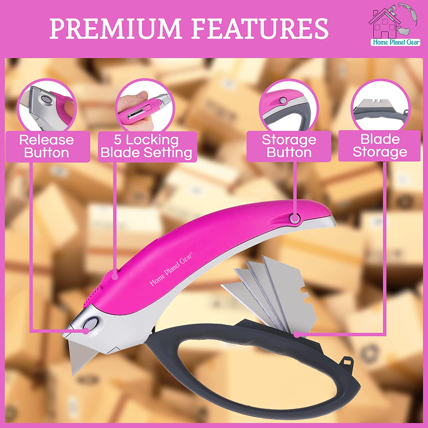 PINK BOX CUTTER / UTILITY KNIFE - All Purpose, Retractable, Multi-Position  Blade - Home Planet Gear®